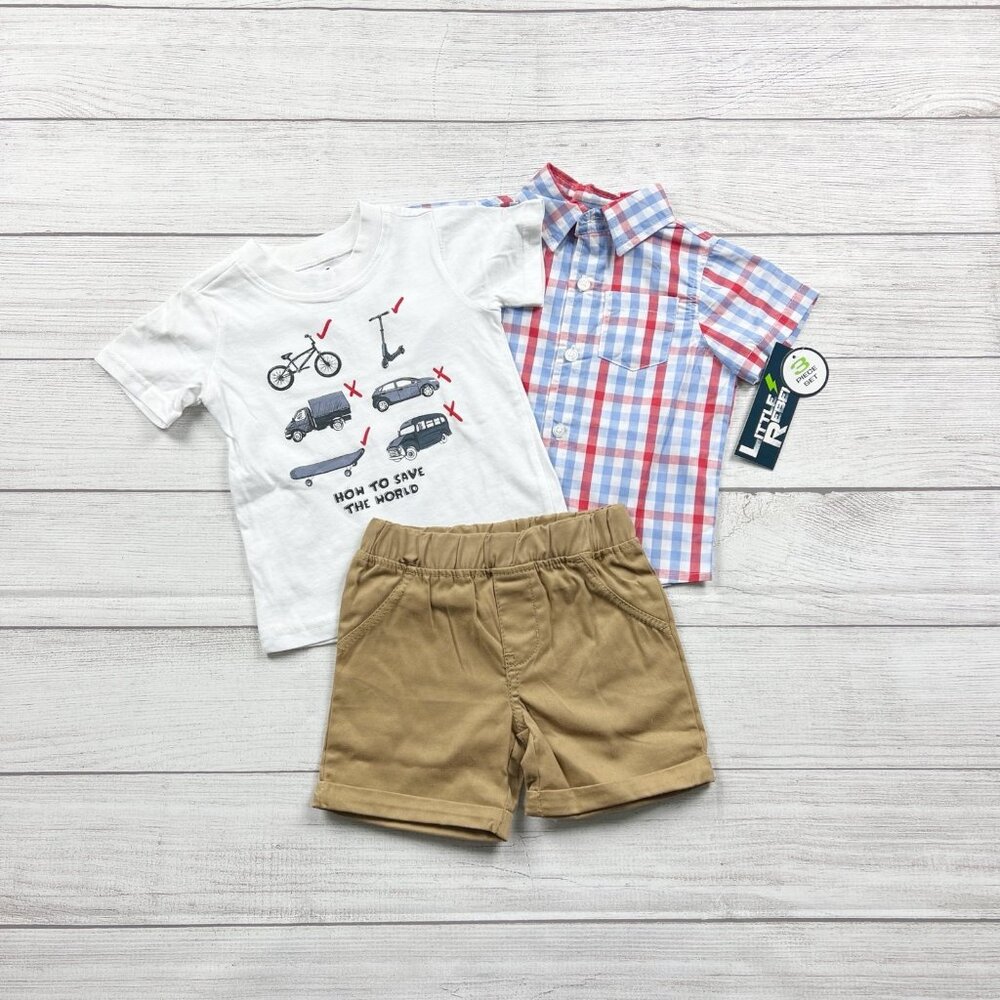 Little Rebels Boys 3 Piece Outfit Set Graphic Tee Plaid Shirt NWT 9-12 Months